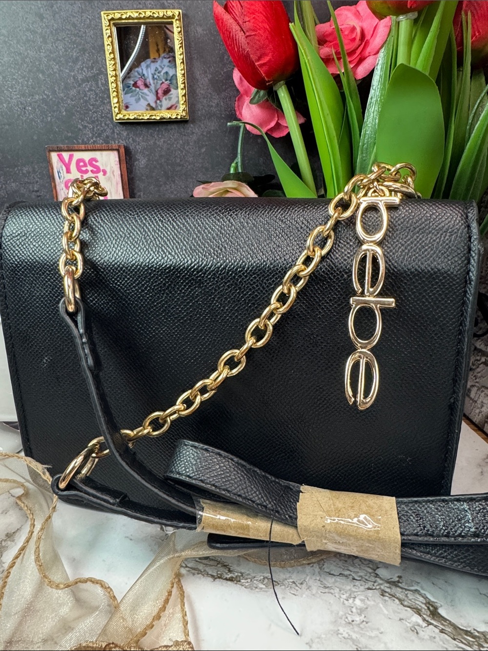 bebe Black Crossbody Bag with Gold Script and Chain - Picture 9 of 13